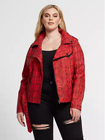 woman in snake print moto jacket